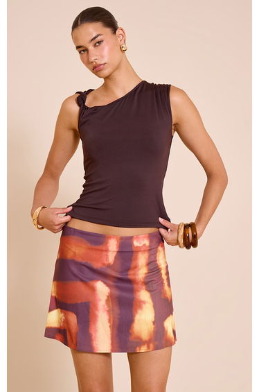 Dark Orange Tie Dye Print Floaty Woven Mini Skirt