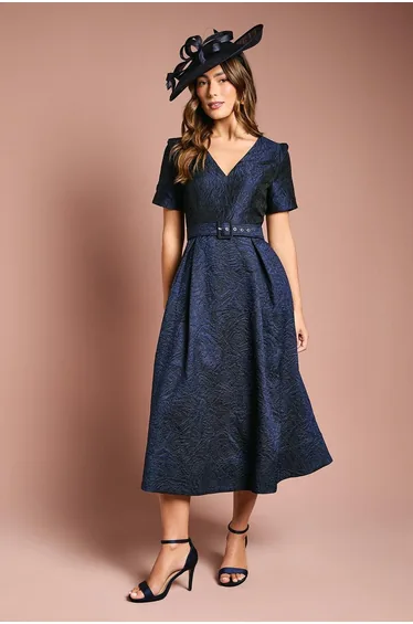 Short Sleeve Jacquard Dress With Belt