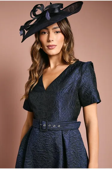 Short Sleeve Jacquard Dress With Belt