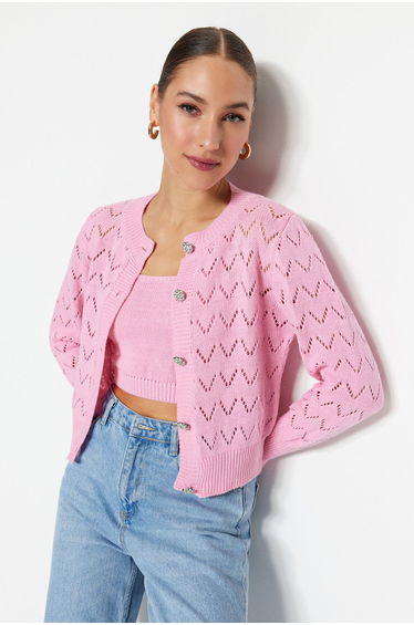 Pink Button Detailed blouse-cardigan with openwork/holes Set