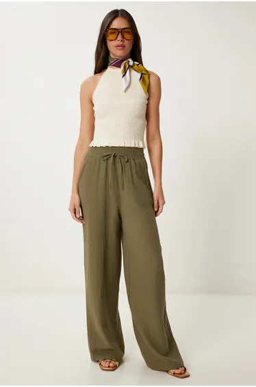 ISTANBUL Wide Leg Drawstring Waist Pants with Binding Detail
