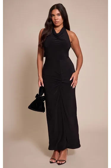 Shape Black Halter Neck Tie Back Gold Trim Cowl Maxi Dress