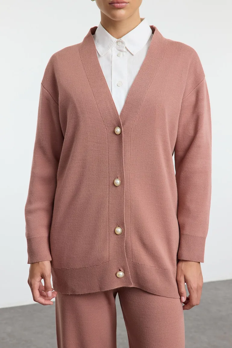 Dusty Rose Pearl Buttoned Knitwear Cardigan-Pants Bottom-Top Set - 2