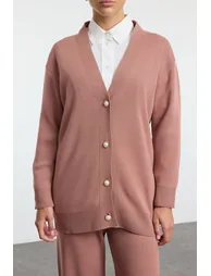 Dusty Rose Pearl Buttoned Knitwear Cardigan-Pants Bottom-Top Set - 2