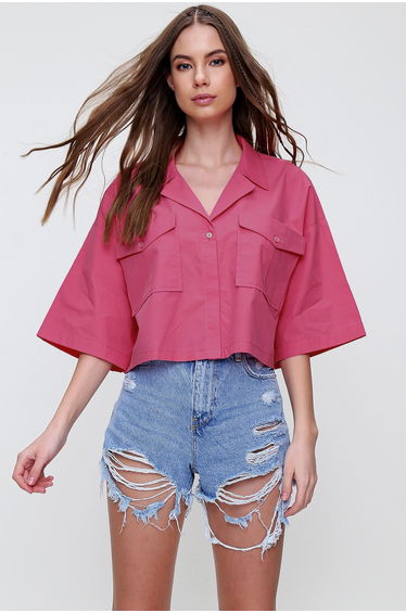 Women's Dark Pink Envelope Pocket Crop Poplin Shirt