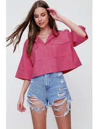 Women's Dark Pink Envelope Pocket Crop Poplin Shirt - 1