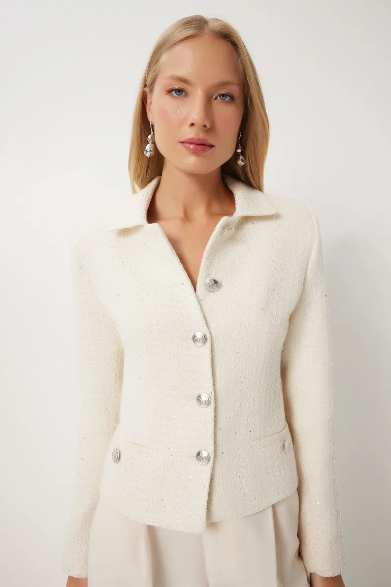 Women's Cream Shirt Collar Tweed Jacket - 3