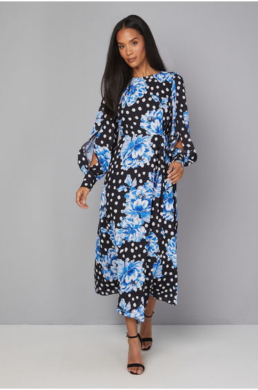 Floral Drape Split Sleeve Midi Dress