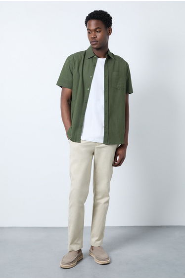 Dark Green Linen Blend Short Sleeve Shirt