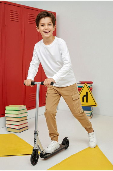 Beige Boy's 100% Cotton Plain Woven Trousers