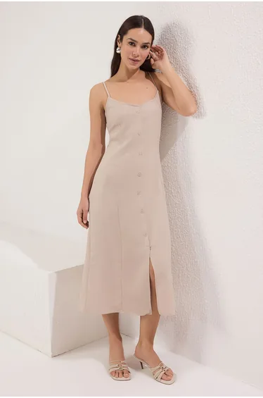 فستان قميص ميدي بأزرار لون بيج