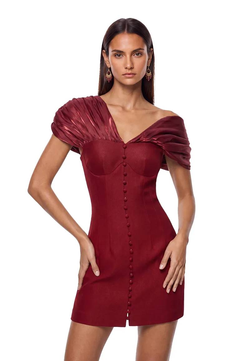 Fitzwilliam One Shoulder Ruch Mini Dress In Wine - 1