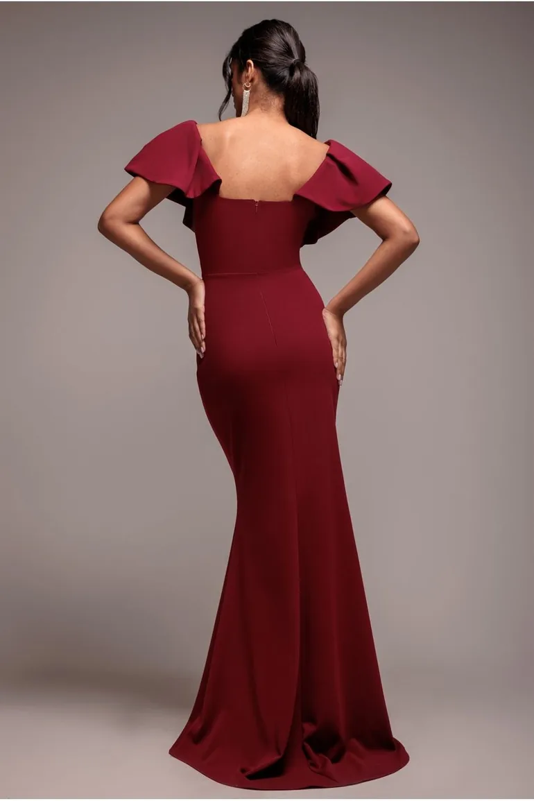 Cape Sleeve Detail Front Tie Maxi Dress - Wine by Goddiva - 1