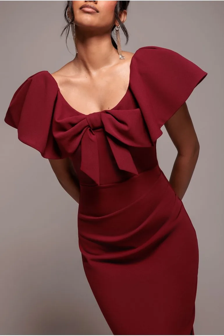 Cape Sleeve Detail Front Tie Maxi Dress - Wine by Goddiva - 2