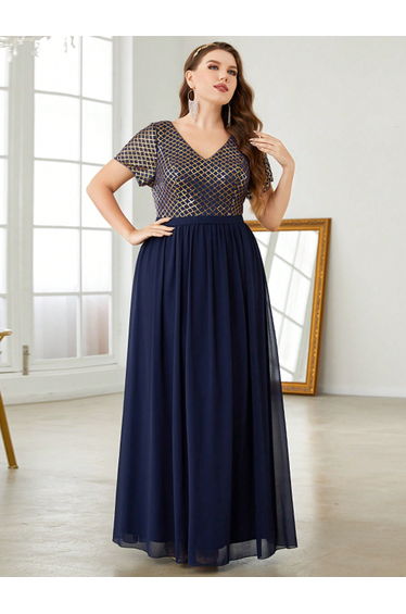 Leely Plus Women's Elegant V Neck Short Sleeve Party Dresses