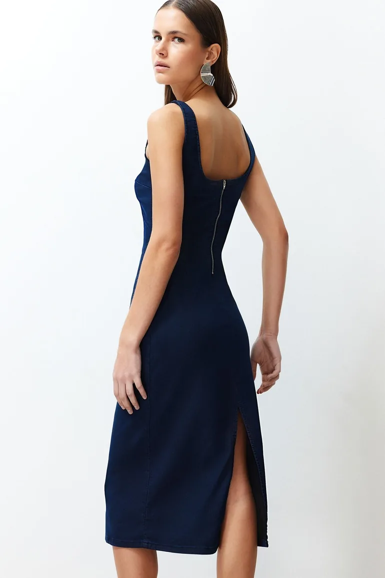 Dark Blue Stitching Detailed Denim Dress - 1