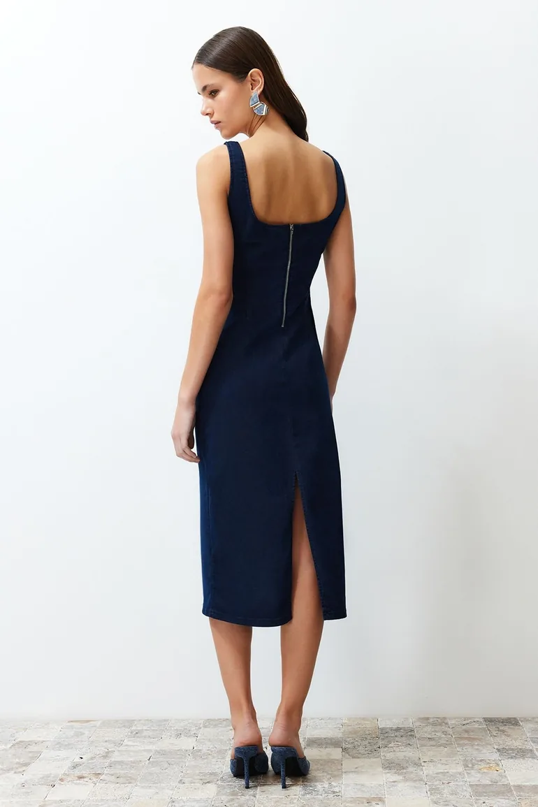 Dark Blue Stitching Detailed Denim Dress - 4