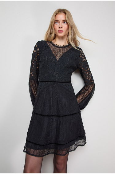 Mesh Lace Mix Balloon Sleeve Mini Skater Dress