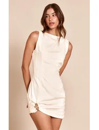Cream Textured High Neck Trim Detail Bodycon Dress - 1