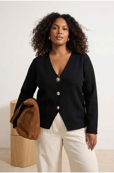 Black Trend Button Detailed Ceke Look Knitwear Cardigan