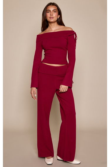 Cherry Knitted Bardot Foldover Tie Detail Top