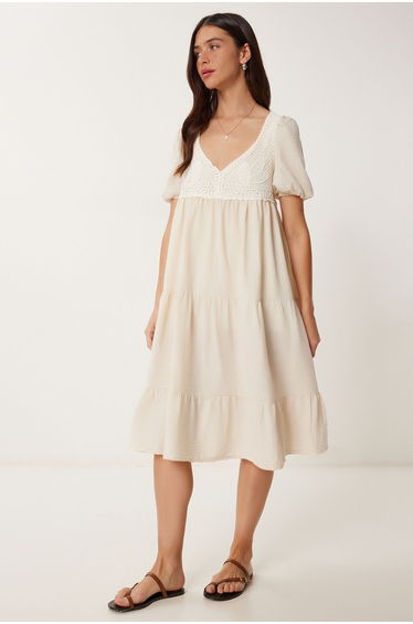 Women's Cream Lace Detail Flounced Summer Linen Dress
