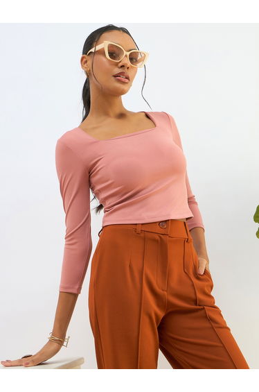 Pink Square Neck Knitted Crop Top