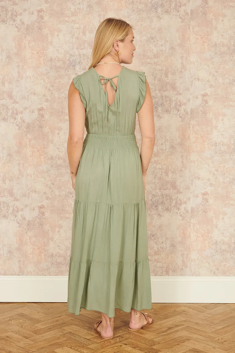 Yumi Green Viscose Lace Trim Wrap Maxi Dress - 1