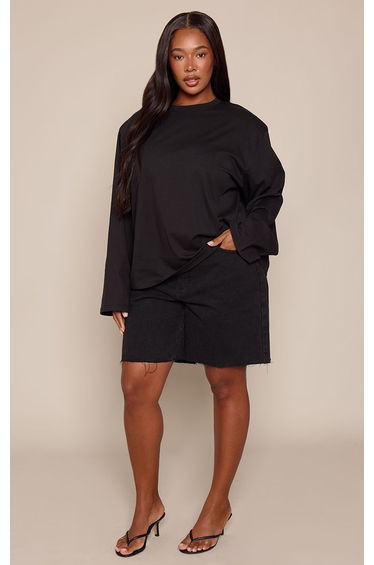 Plus Black Cotton Shoulder Pad Long Sleeve Oversized T-Shirt