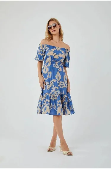 Mixray Floral Ruffled Off-Shoulder Midi Dress with Tie Detail
