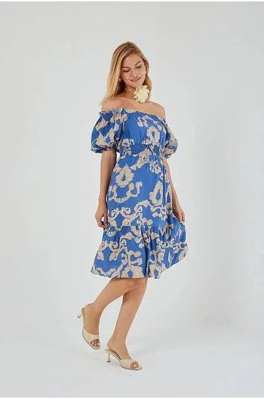 Mixray Floral Ruffled Off-Shoulder Midi Dress with Tie Detail