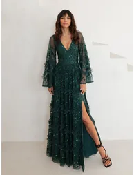 Maya Emerald Fully Embellished Maxi Dress with Frill Detail - 4
