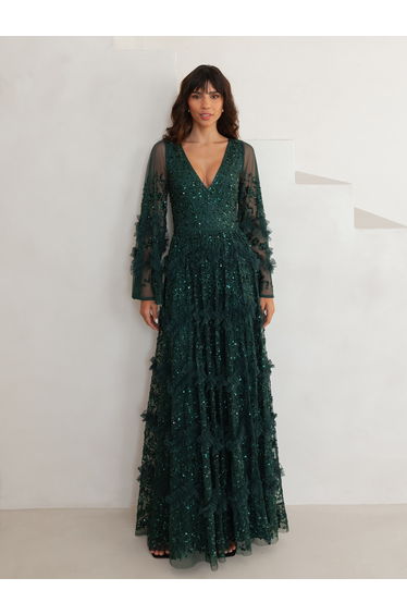 Maya Emerald Fully Embellished Maxi Dress with Frill Detail