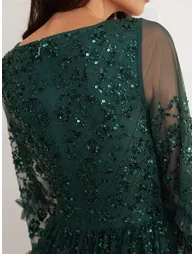 Maya Emerald Fully Embellished Maxi Dress with Frill Detail - 3