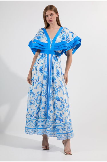 Petite Organdie Ruffle Sleeve Plunge Neck Floral Print Woven Maxi Dress