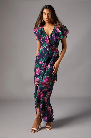 Petite Short Sleeve Chiffon Maxi Dress With Frills