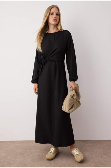 Black Linen Look Woven Dress