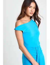 Double Layer Asym Neck Slinky Drape Front Maxi Dress - aqua - 3