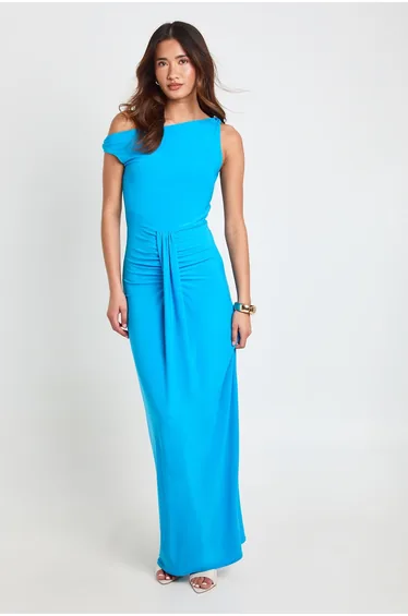 فستان ماكسي بطبقة مزدوجة بثنيات أمامية بياقة غير متناظرة - أزرق