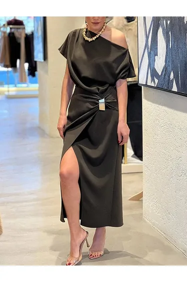 Raglan Sleeve Asymmetric Pleated Split-Front Split-Joint One-Shoulder Evening Dresses Maxi Dresses