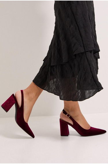 Ellens Velvet Pointed High Block Heel Slingback Court Shoes