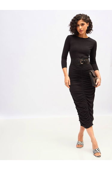 Gathered Bodycon Midi Dress with 3/4 Sleeves