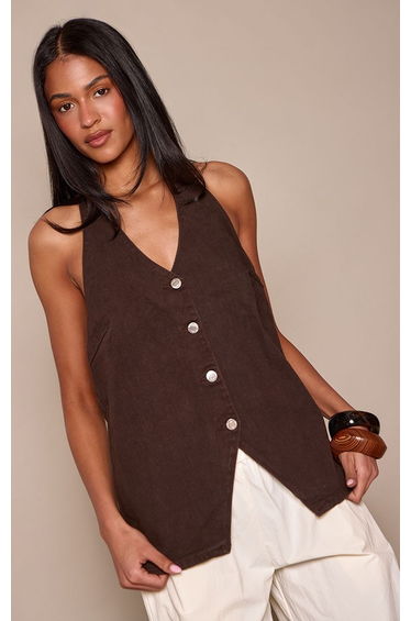 Tall Chocolate Halterneck Denim Waistcoat