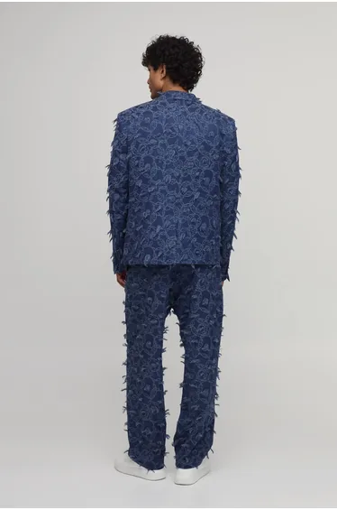 Textured Denim Look Relaxed Fit Blazer - navy