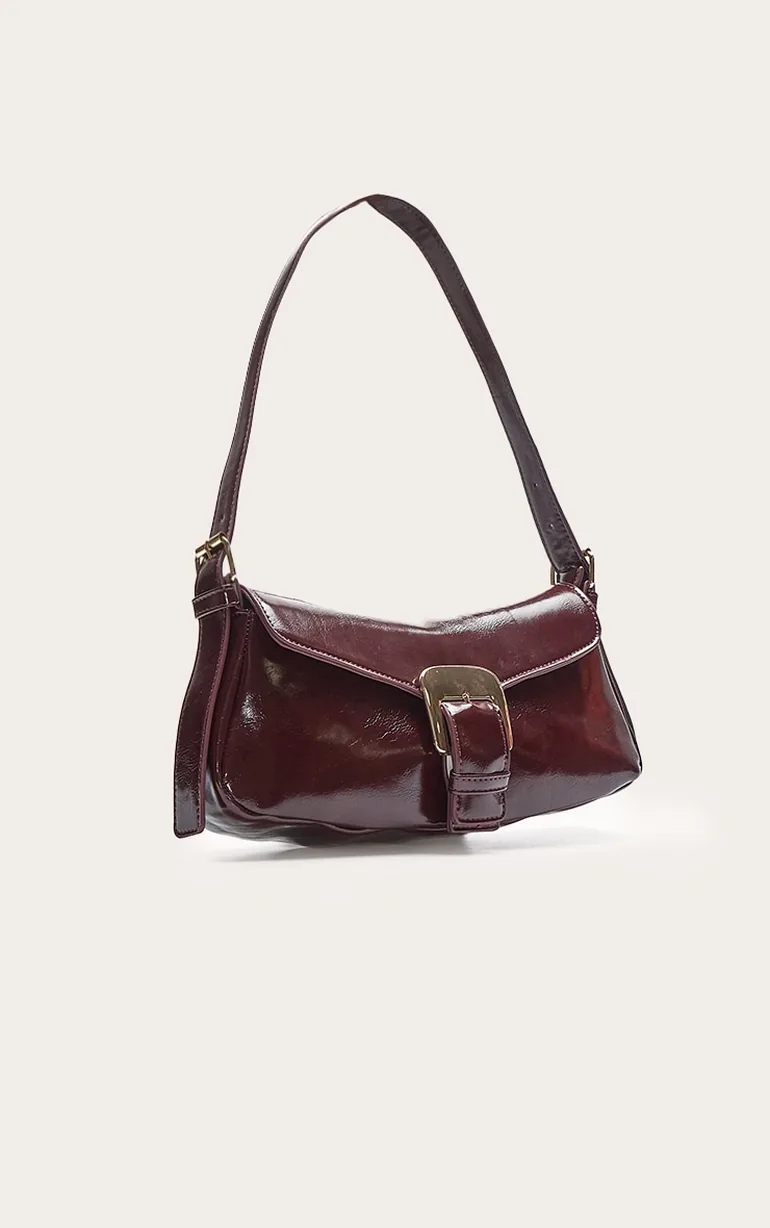 Burgundy Crinkle PU Buckle Shoulder Bag - 2