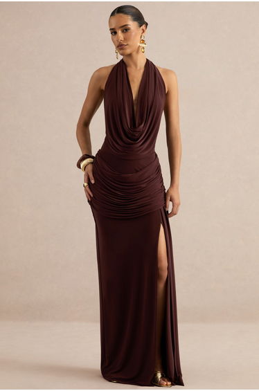 Ariadne | Dark Brown Draped Maxi Skirt With Split