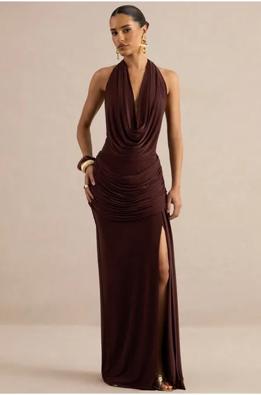Ariadne | Dark Brown Draped Maxi Skirt With Split