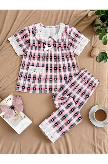 Girls Pink Checkered Heart Top and Pyjama Set