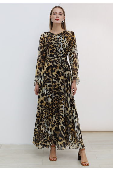 Alluring Animal Print Long-Sleeve Chiffon Maxi Dress