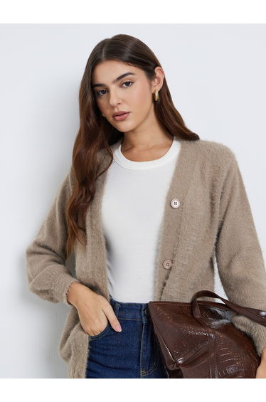 Beige Regular Fit Fuzzy Yarn Cardigan